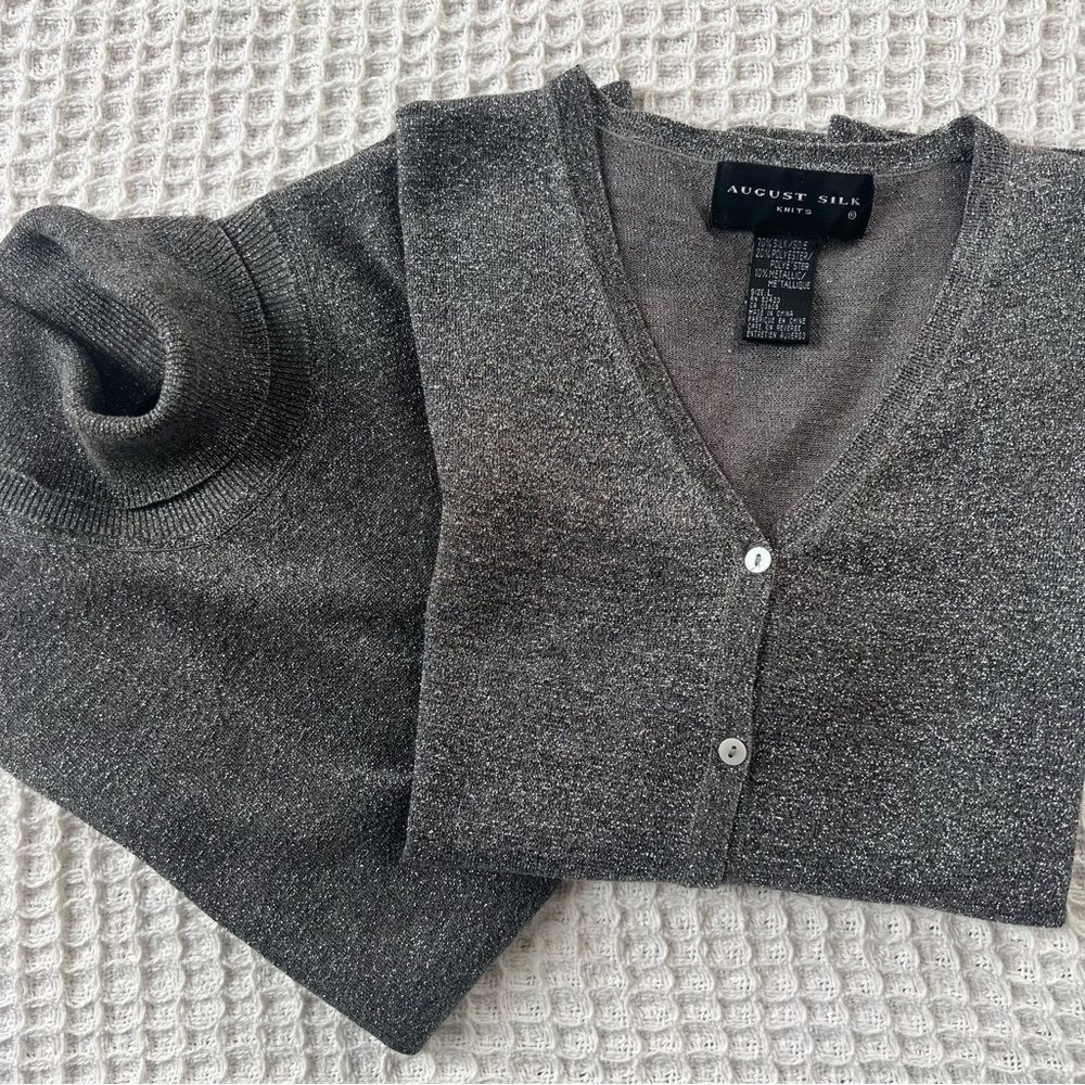 August Silk Shimmering Metallic Silver Knit Cardigan & Turtleneck Twinset SZ L - Picture 9 of 15